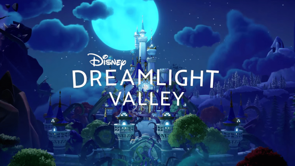 Disney Dreamlight Valley logo over a castle surrounded by thorns under a large full moon at night.