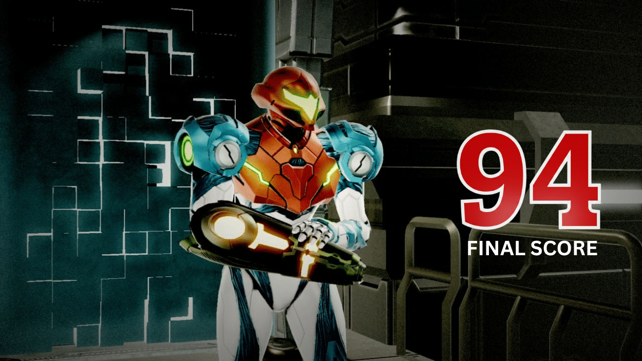 A Metroid Dread character, armed with a gun, stands confidently before a building, prepared for a mission