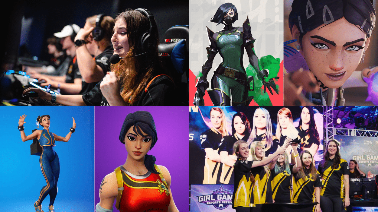 A collage featuring female gamers competing, receiving awards, and digital characters from popular video games like Valorant and Fortnite