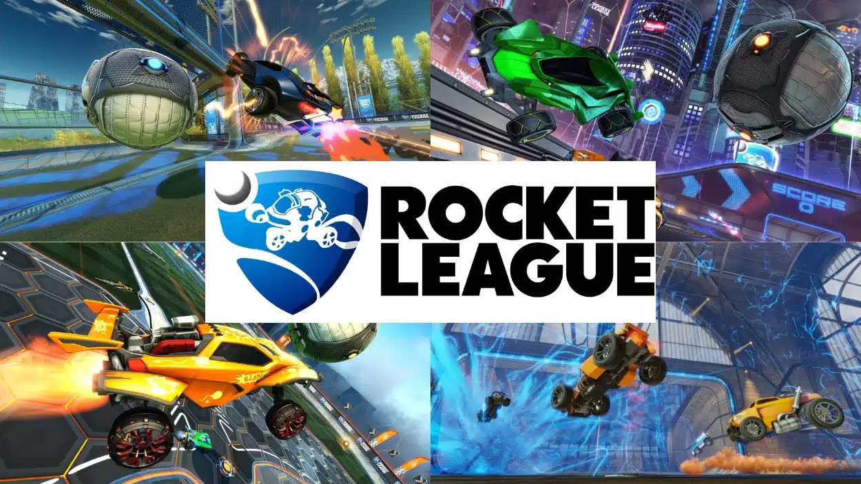 A collage of Liquipedia Rocket League gameplay featuring rocket-powered cars, a soccer ball, and the game's official logo in the center
