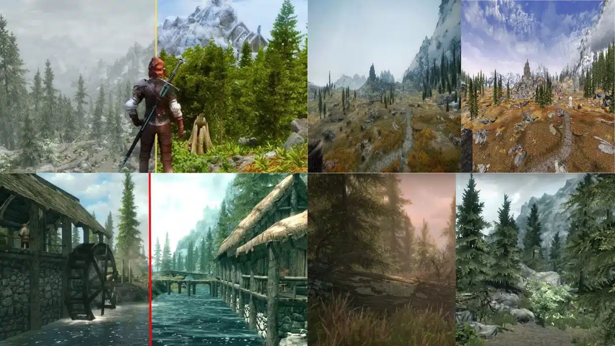 A collage of different snowy and forested landscape scenes from the video game Skyrim, showcasing various graphical improvements