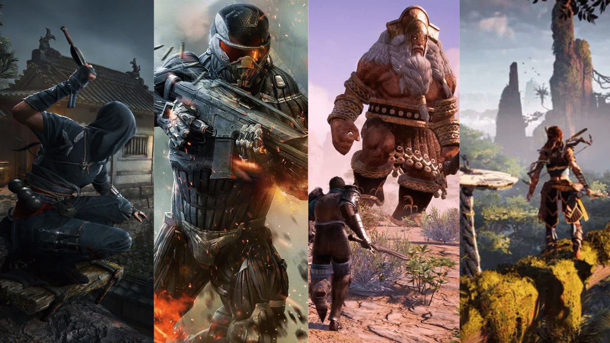 A collage of four distinct video game scenes from games like Horizon and Assassin's Creed, etc in different environments