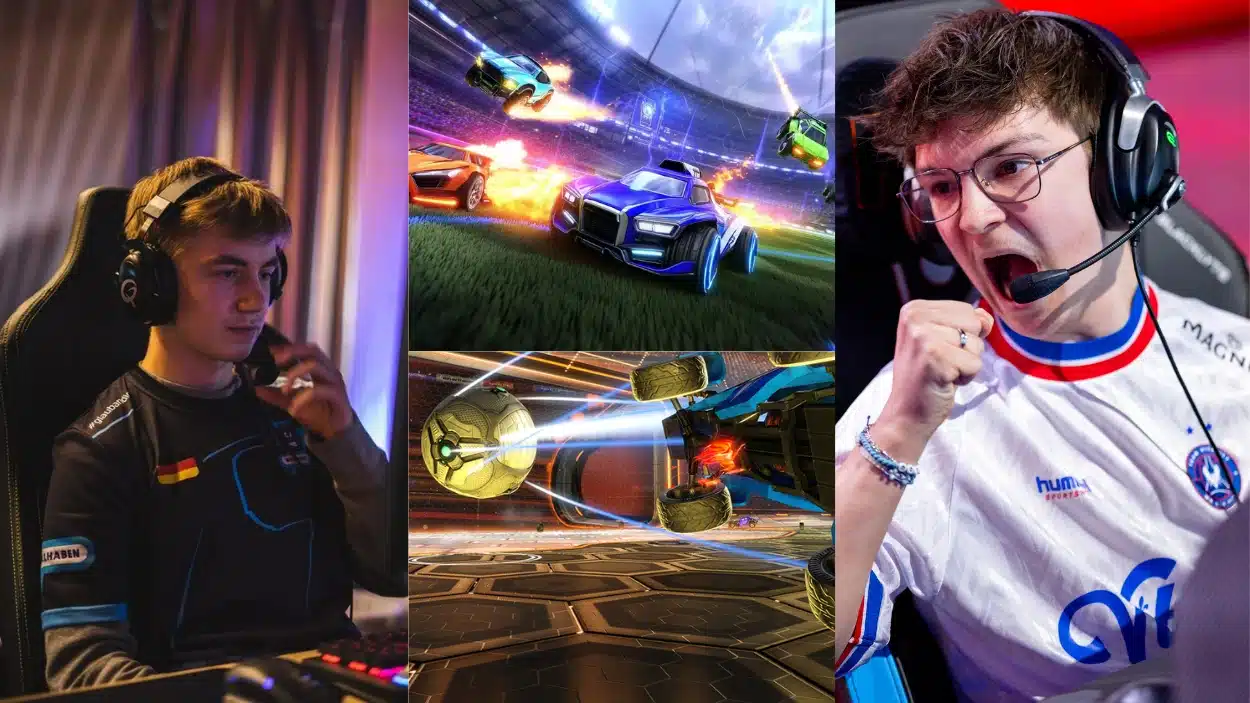A collage showing two esports players - Zen and Alyiuu, alongside in-game action shots of rocket-powered cars hitting a glowing ball