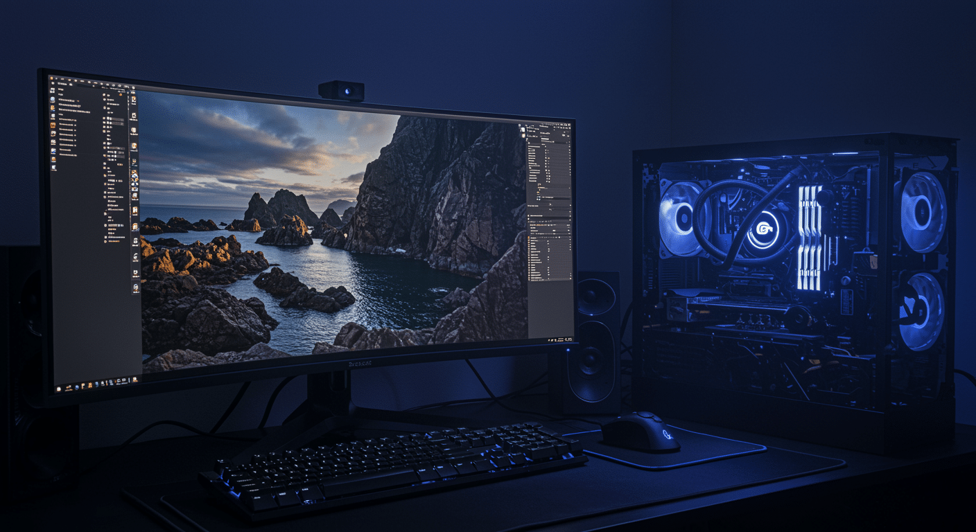 A dimly lit computer setup features a widescreen monitor displaying a coastal landscape next to a PC tower glowing with blue internal lighting