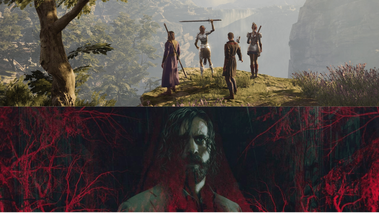 A fantasy role-playing scene with 4 characters overlooking a valley and a portrait of a bearded man overlaid with red, vein-like structures