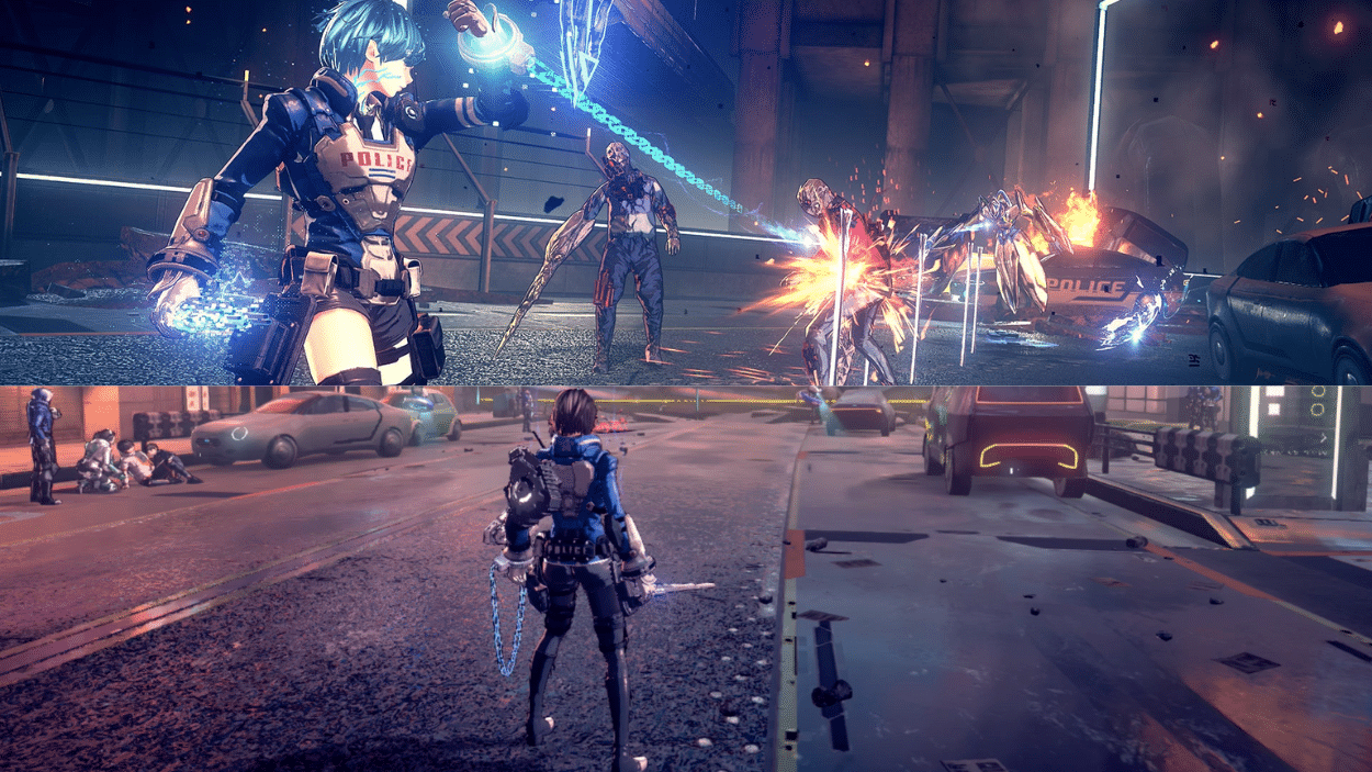 A female police officer character using energy attacks against mutated enemies in a gritty, futuristic city environment