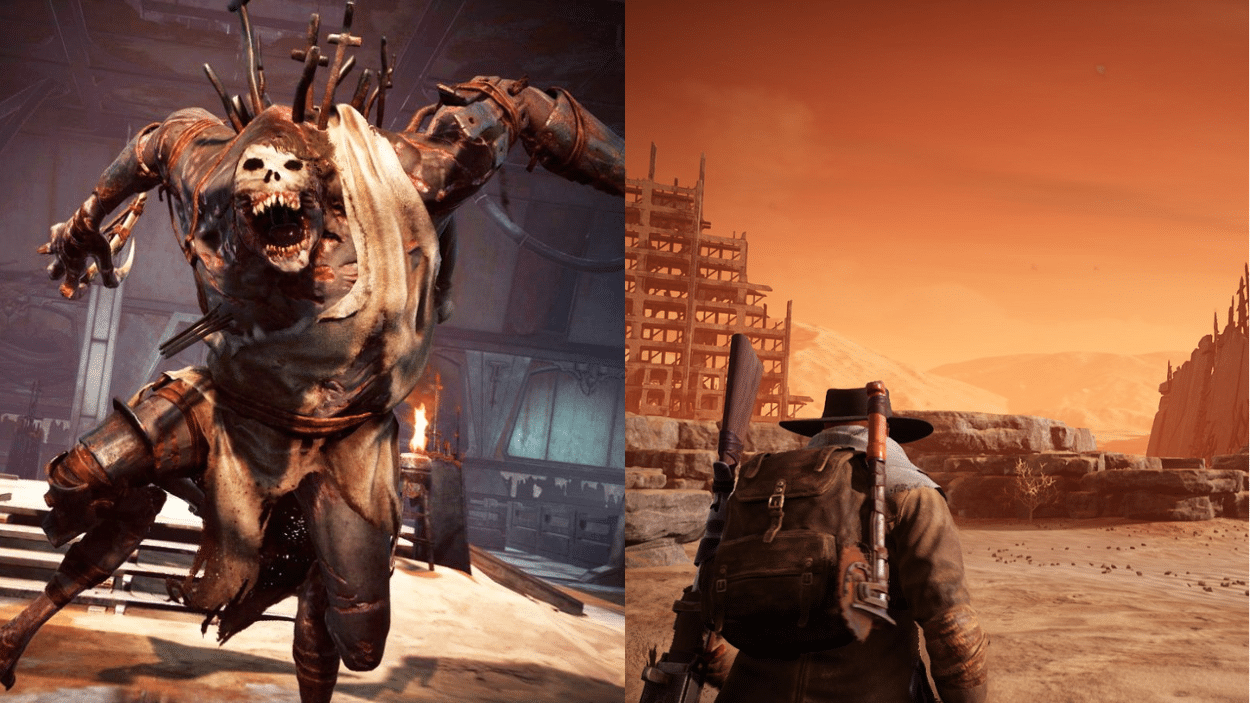 A man in a desert and a skeleton zombie, highlighting a bizarre and haunting atmosphere