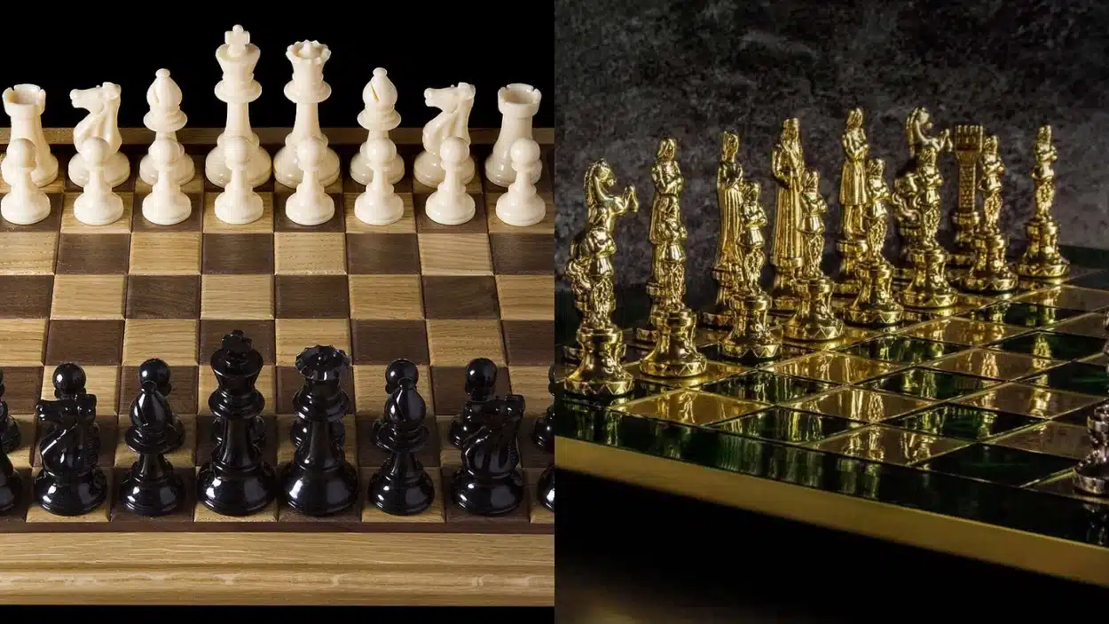 A split image comparing a traditional white and black wooden chessboard with ornate gold chess pieces on a mirrored gold and dark green board