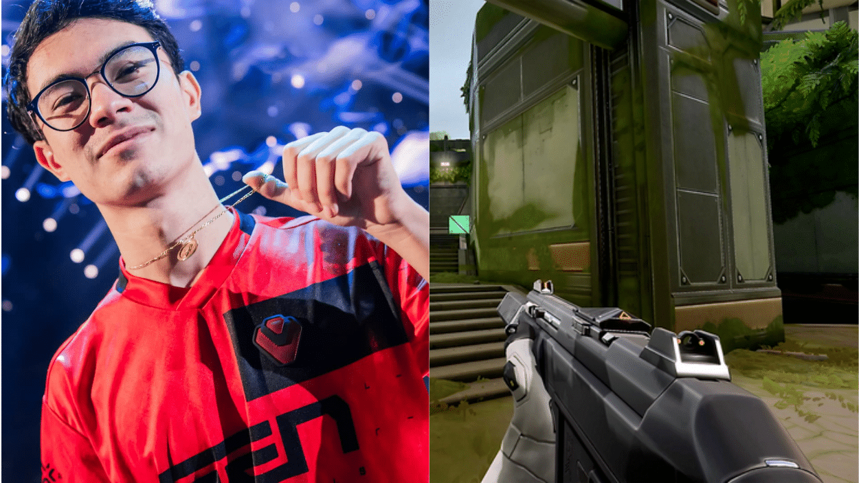 A split image featuring valorant brandishing a gun alongside another zekken in glasses