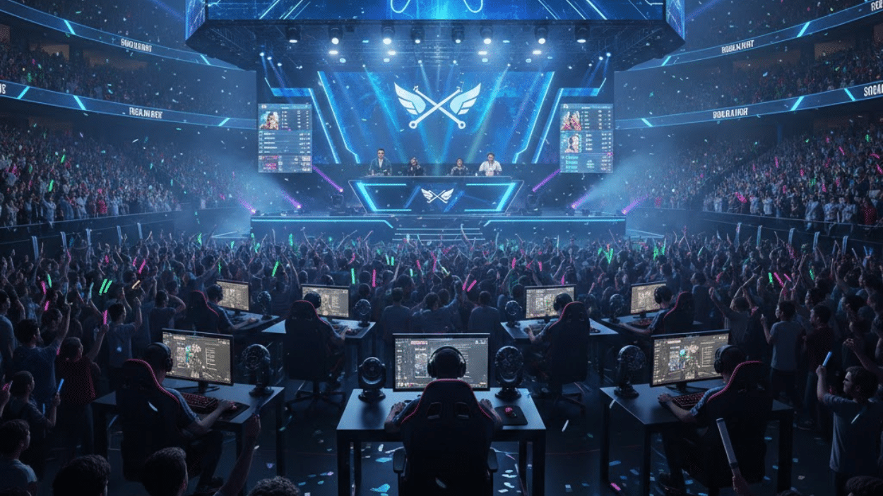 Champions clash in a dynamic esports tournament, filled with colorful spells and intense action