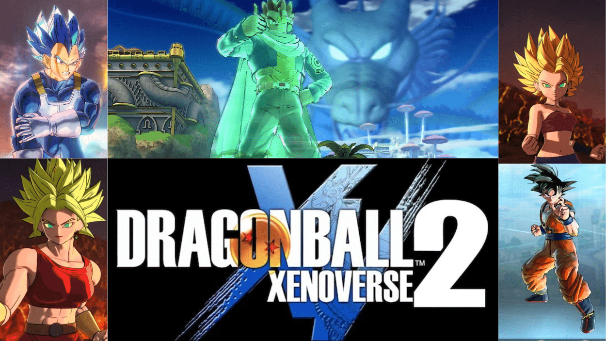 Collage featuring Dragon Ball Xenoverse 2 logo and characters like Vegeta, Kale, Caulifla, Goku, and Shenron in the background