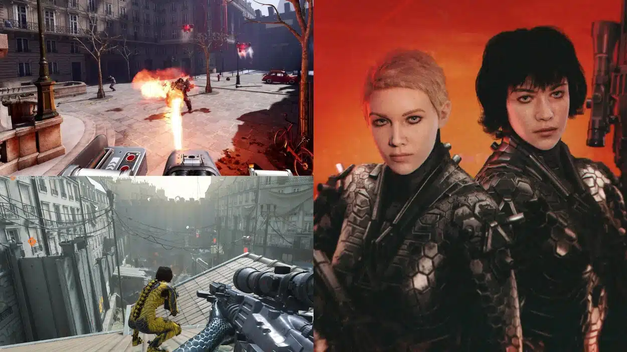 Collage featuring Wolfenstein Youngblood gameplay scenes and portraits of two female characters, Jessie Jes and Zofia Soph Blazkowicz