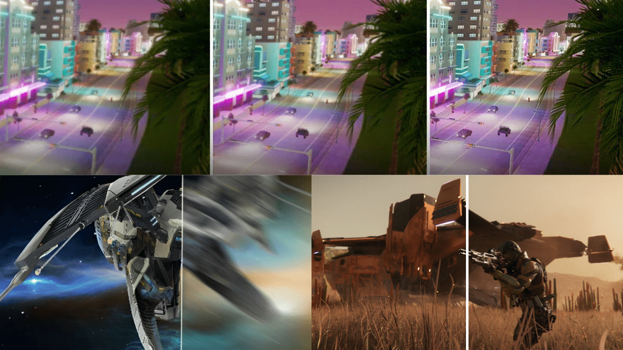 Collage featuring neon city streets, spaceships in space and motion blur, and a soldier with a rifle near a spacecraft on a dry landscape