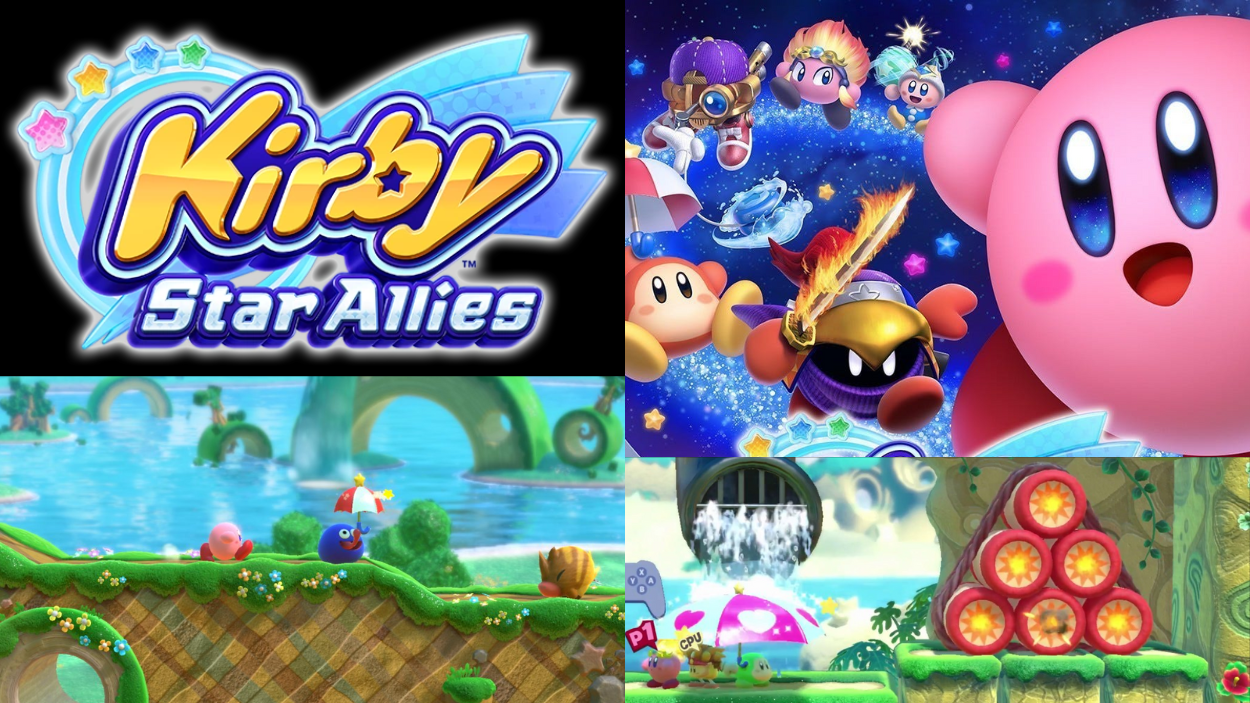 Collage featuring the Kirby Star Allies logo, key characters in a starry setting, and in-game screenshots of outdoor levels