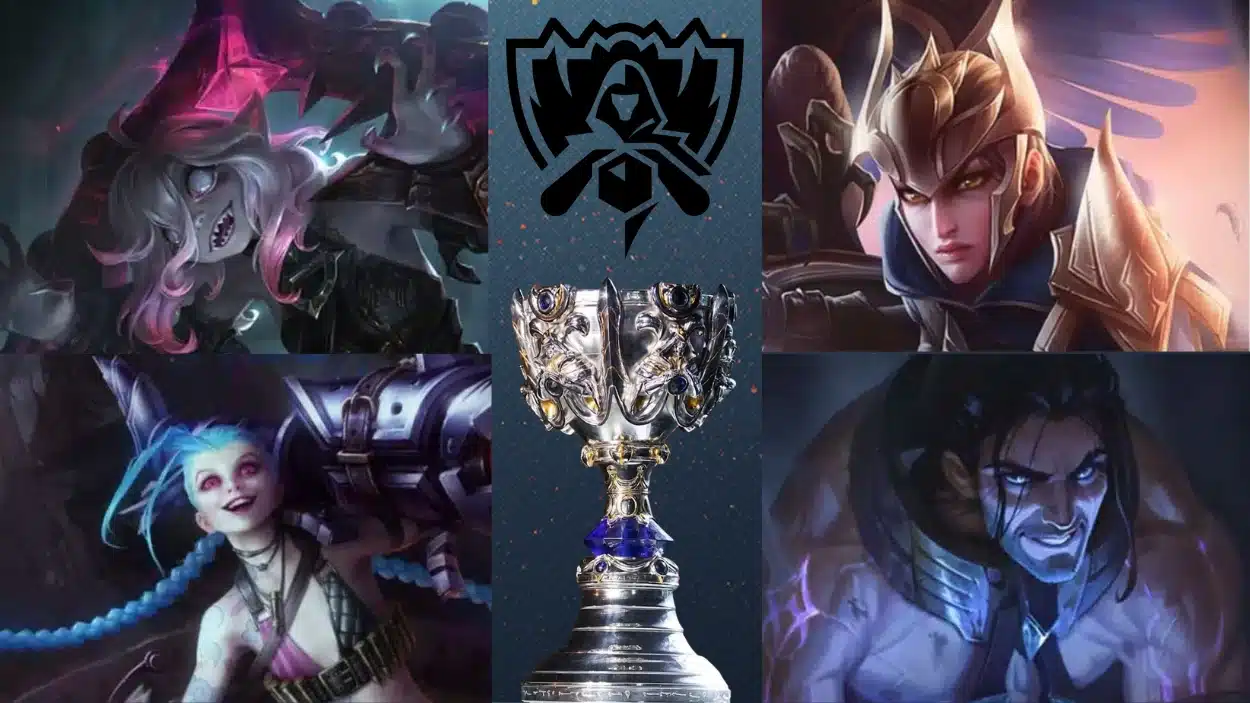 Collage featuring the League of Legends World Championship trophy, logo, and champion splash art for Gwen, Jinx, Kayle, and Sylas