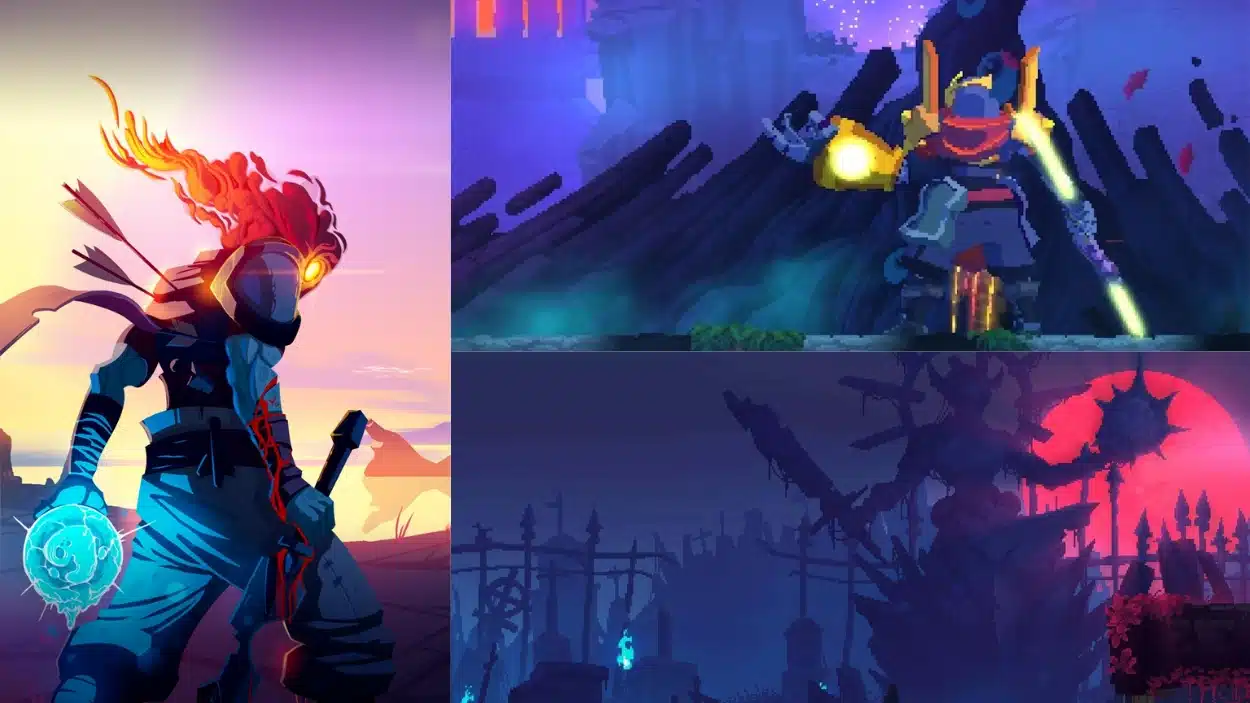 Collage featuring the fiery-headed protagonist from Dead Cells artwork alongside pixelated in-game scenes of combat and dark environments