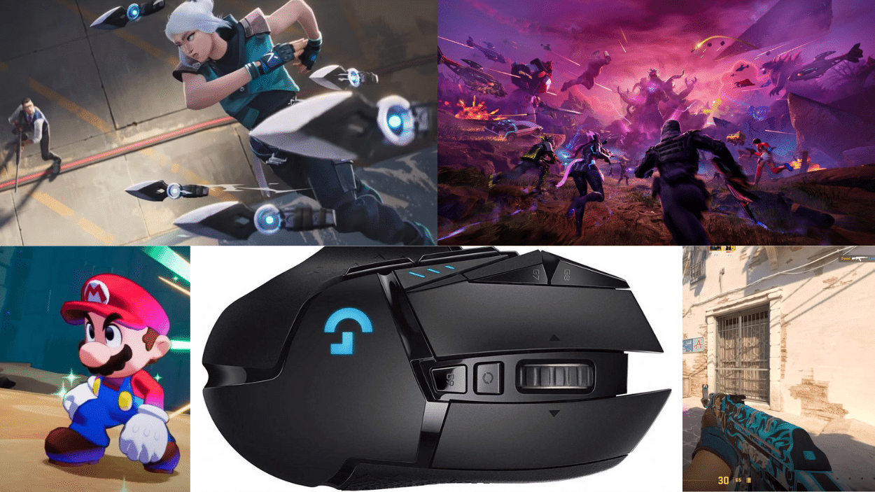 Composite image showing Jett from Valorant, a colorful battle scene, Super Mario, a black Logitech G502 gaming mouse, and a first-person shooter perspective holding a weapon