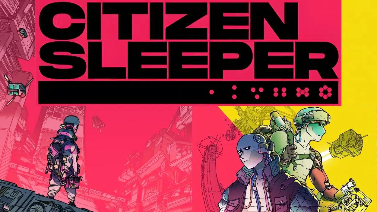 Cyberpunk key art for the game Citizen Sleeper review featuring stylized characters against a bright pink and yellow background