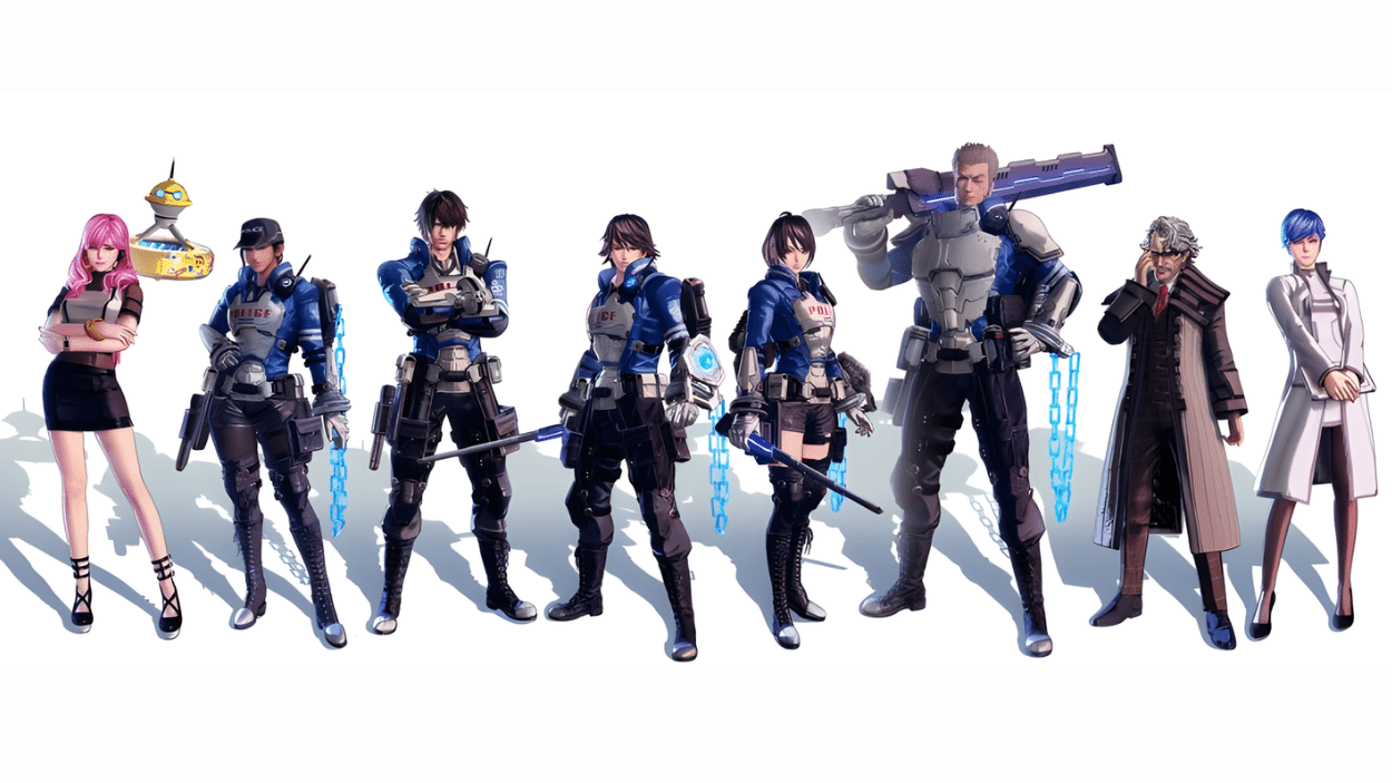 Eight anime-style characters, several wearing blue and white police-like tactical gear and holding futuristic weapons, against a white background