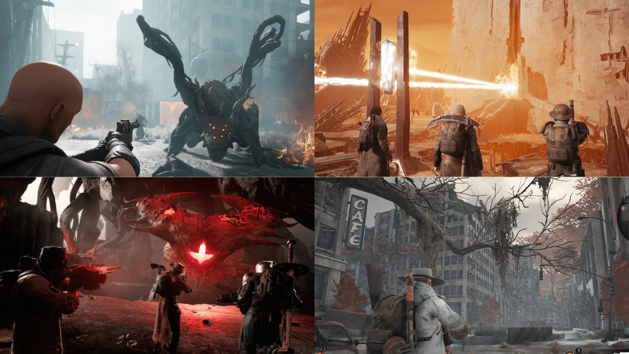 Four scenes from remnant video game showing armed survivors battling monstrous creatures and navigating ruined urban environments