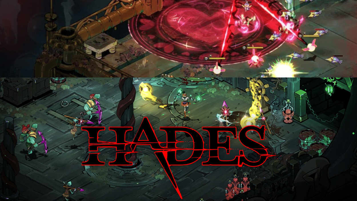 Gameplay footage from the game Hades shows combat with enemies across different environments, overlaid with the game's stylized logo