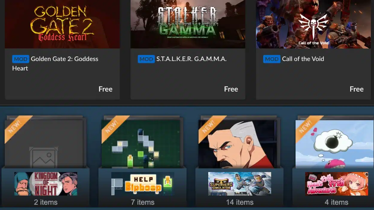 GoG and Steam are displaying rows of games and mods, including titles like Golden Gate 2, S.T.A.L.K.E.R. G.A.M.M.A., and Call of the Void