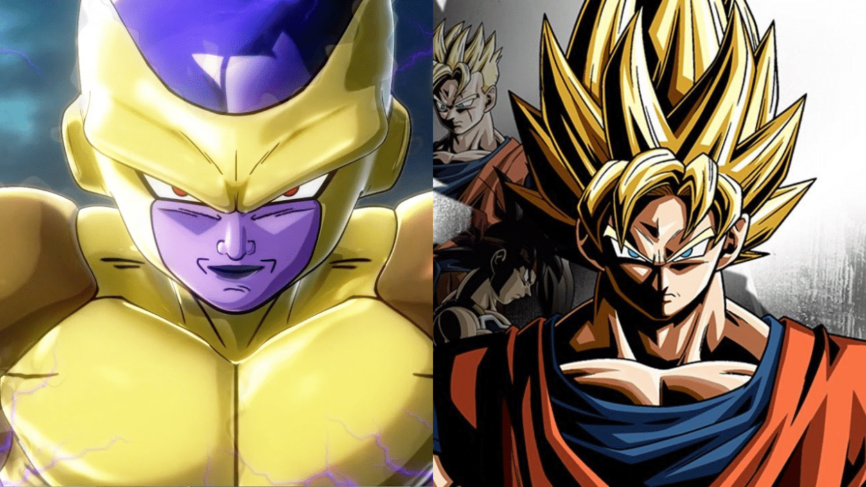 Golden Frieza faces off against a Super Saiyan form of Goku, with other characters faintly visible in the background