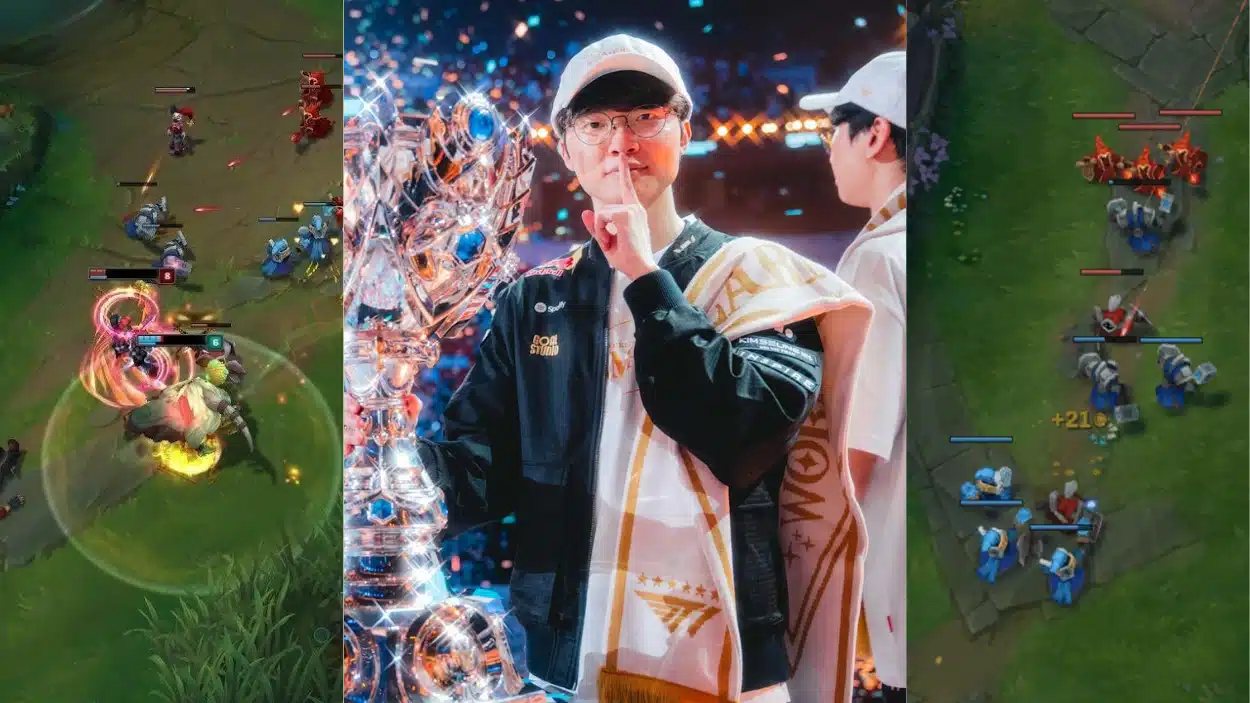 Image featuring a League of Legends in-game scene on the left and right, and Faker holding a trophy and making a shushing gesture