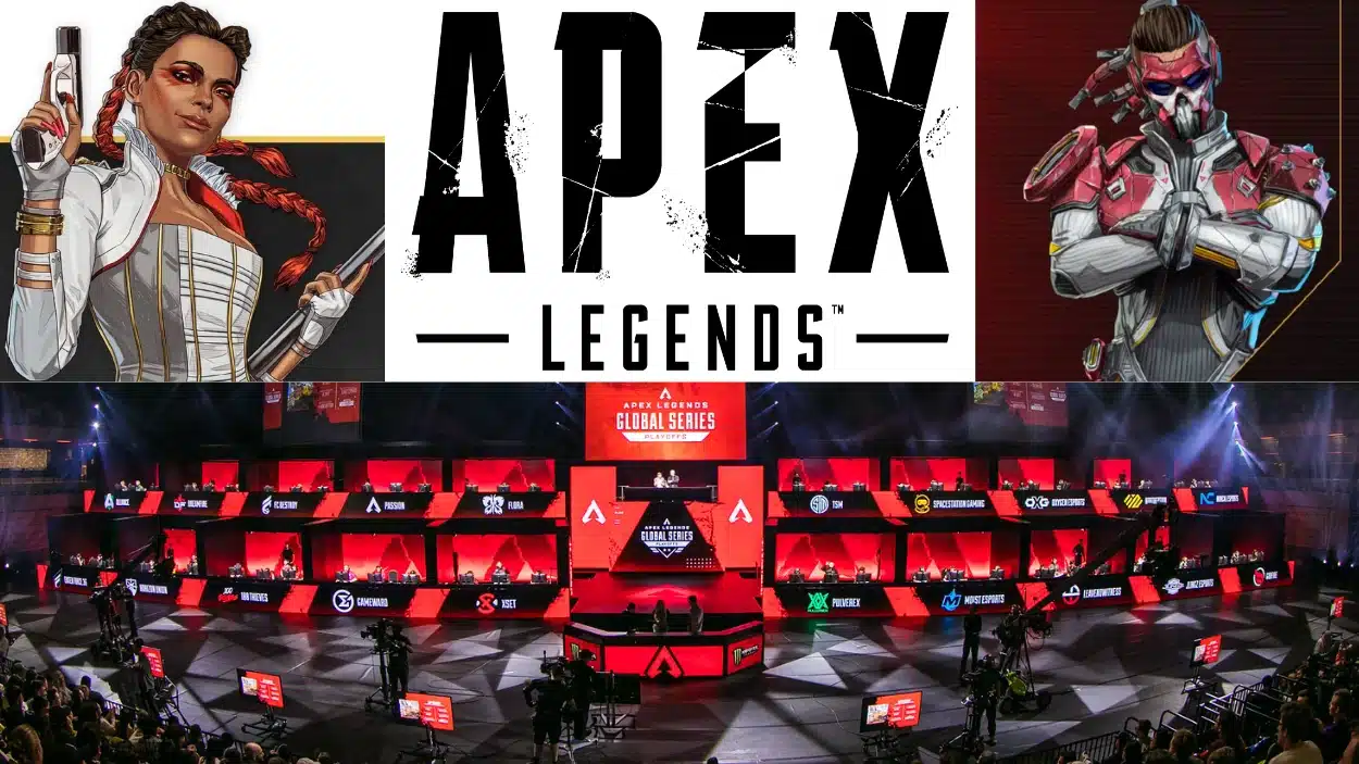 Image the Apex Legends logo, character art of Loba and a masked Legend, and a wide shot of an Apex Legends Global Series event stage