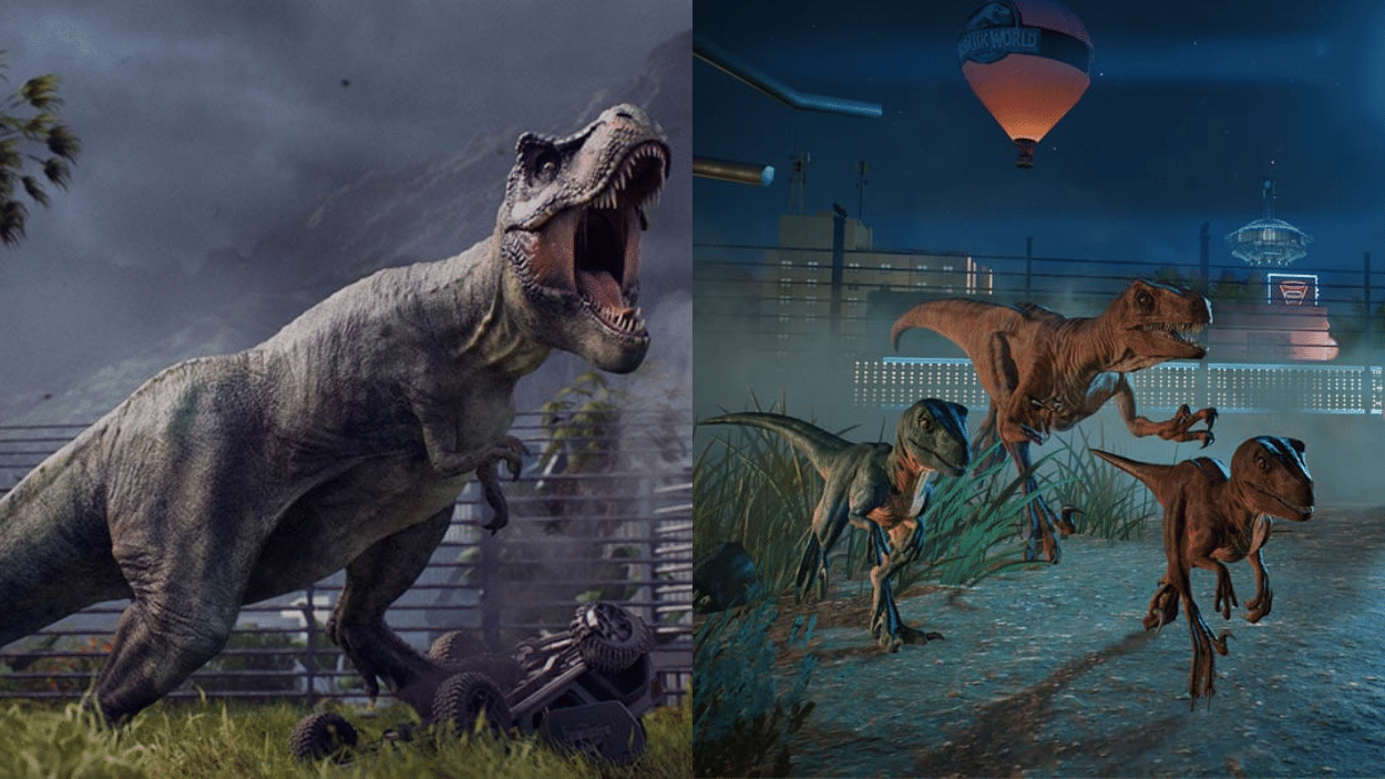 Jurassic World Evolution PC game artwork showcasing a dinosaur park with lush greenery and thrilling attractions