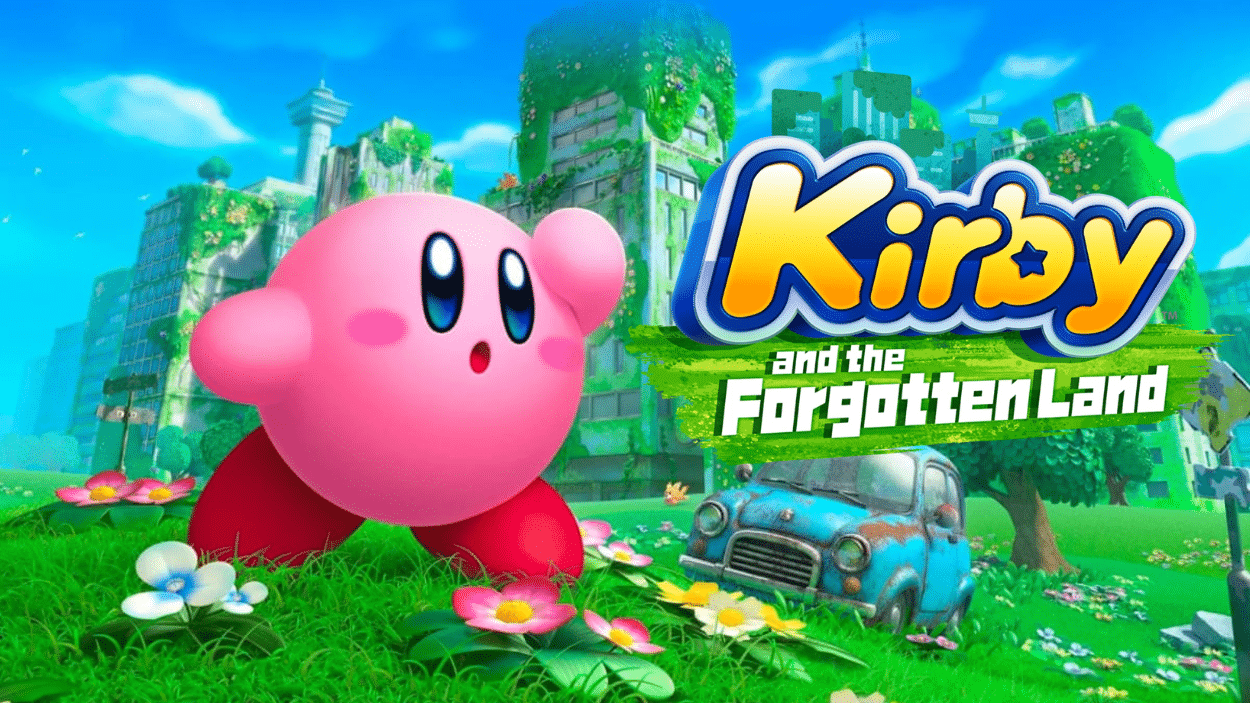 Kirby and the Forgotten Land title screen featuring Kirby next to a rusted blue car in a grassy, overgrown urban landscape