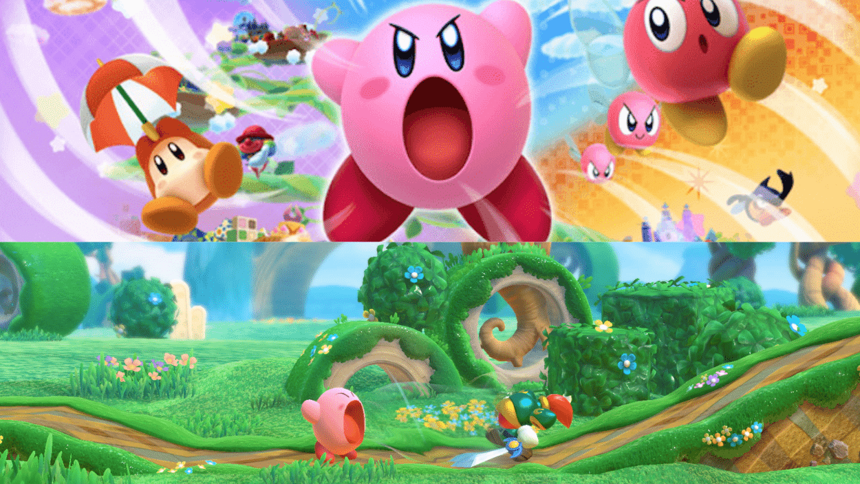 Kirby with an open mouth in the top half and Kirby and a sword-wielding enemy in a lush green field in the bottom half