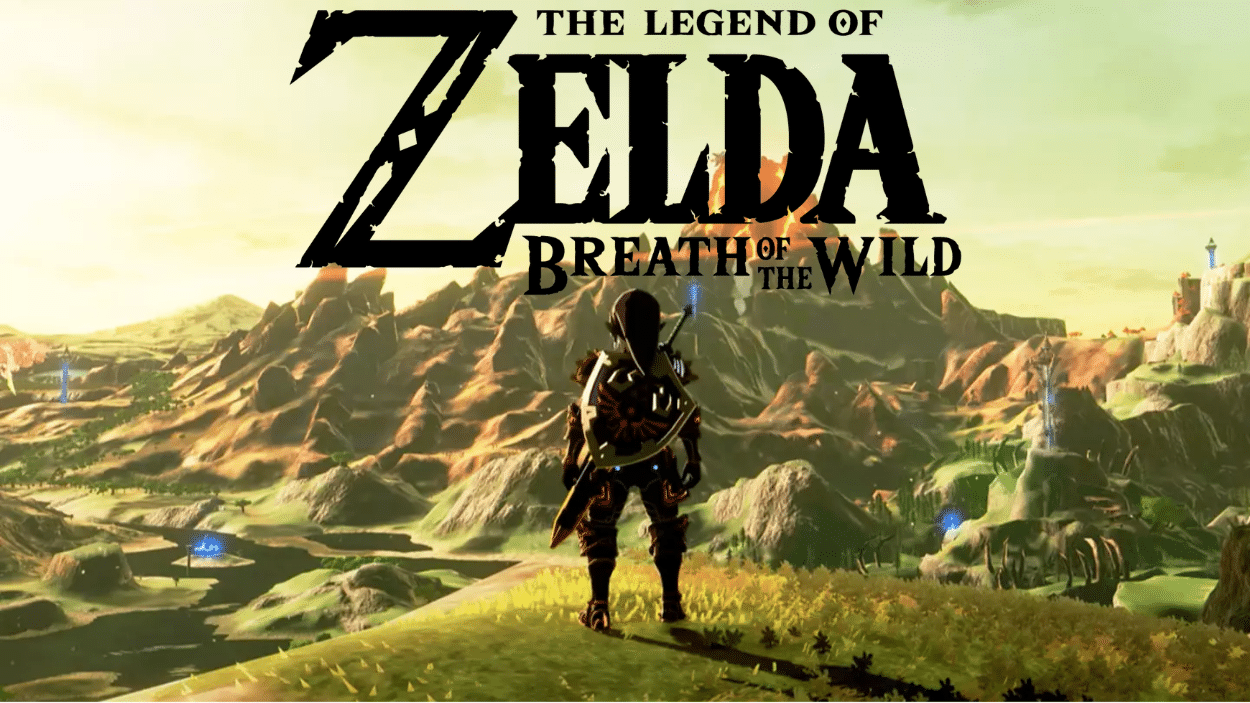 Link stands ready with his sword in a vast, open landscape from The Legend of Zelda Breath of the Wild