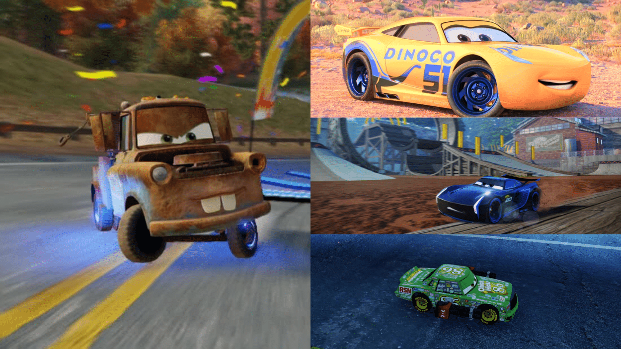 Montage of four images featuring characters and racing scenes from the Disney Pixar Cars franchise, including Mater airborne, a yellow Dinoco racer, a blue futuristic car, and a green race car