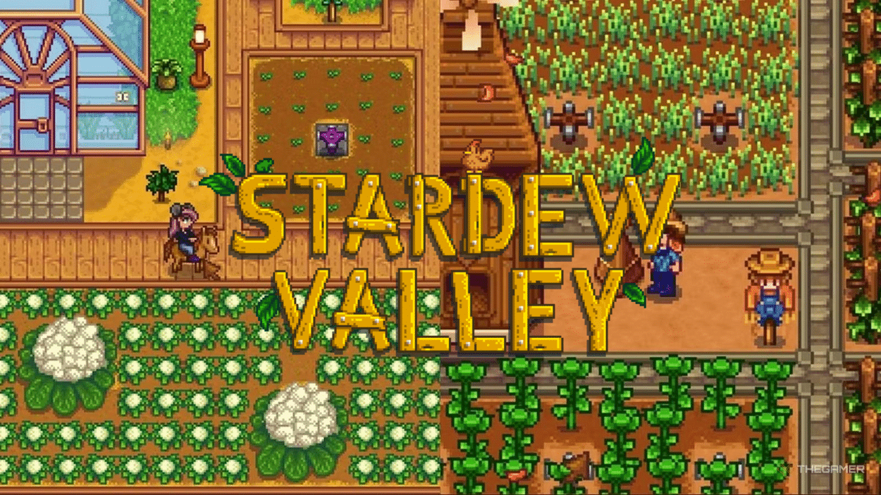 Pixel art scene from the Stardew Valley video game showing a farm, crops, characters, and the large golden game title overlaying the image