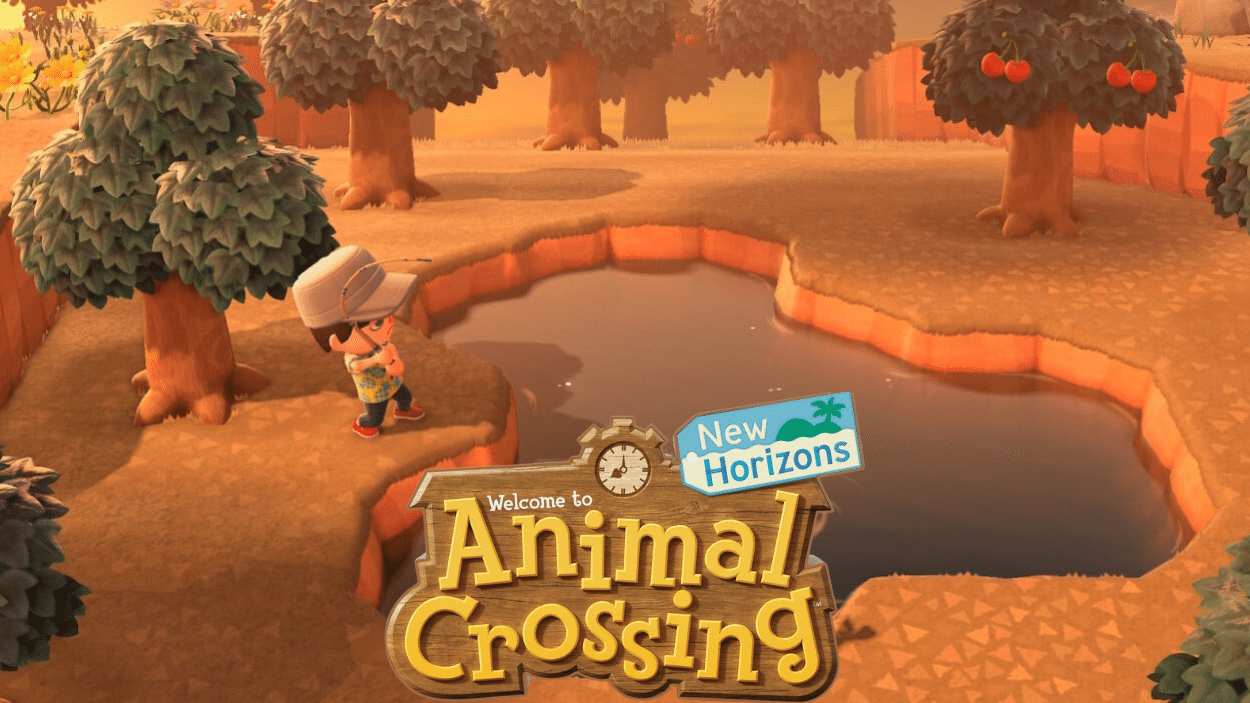 Promotional image for Animal Crossing New Horizons showing a player character standing near a pond surrounded by trees with the game's logo overlaid