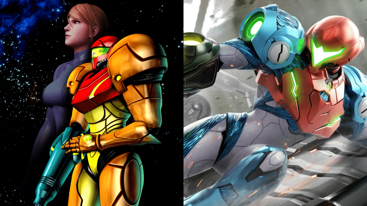 Samus Aran appears in two different outfits, each showcasing a unique style and character interpretation