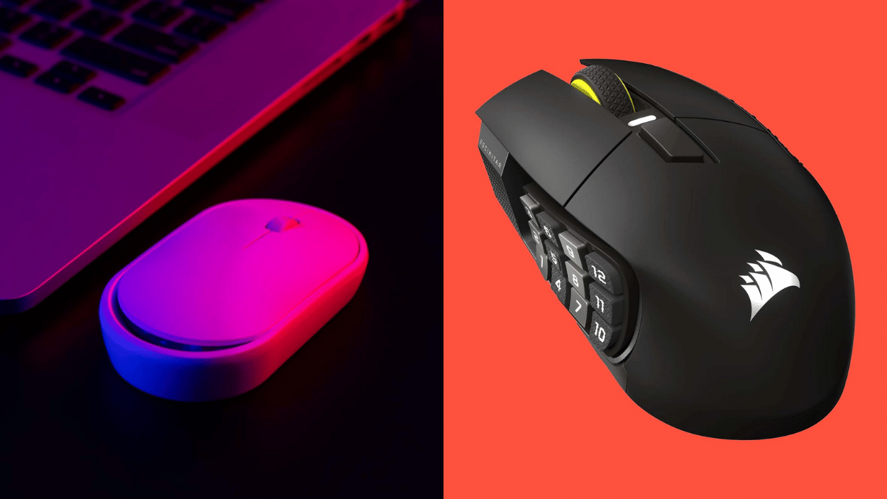Split image contrasting a pink-and-blue illuminated slim wireless mouse on the left with a laptop, and a black Corsair gaming mouse
