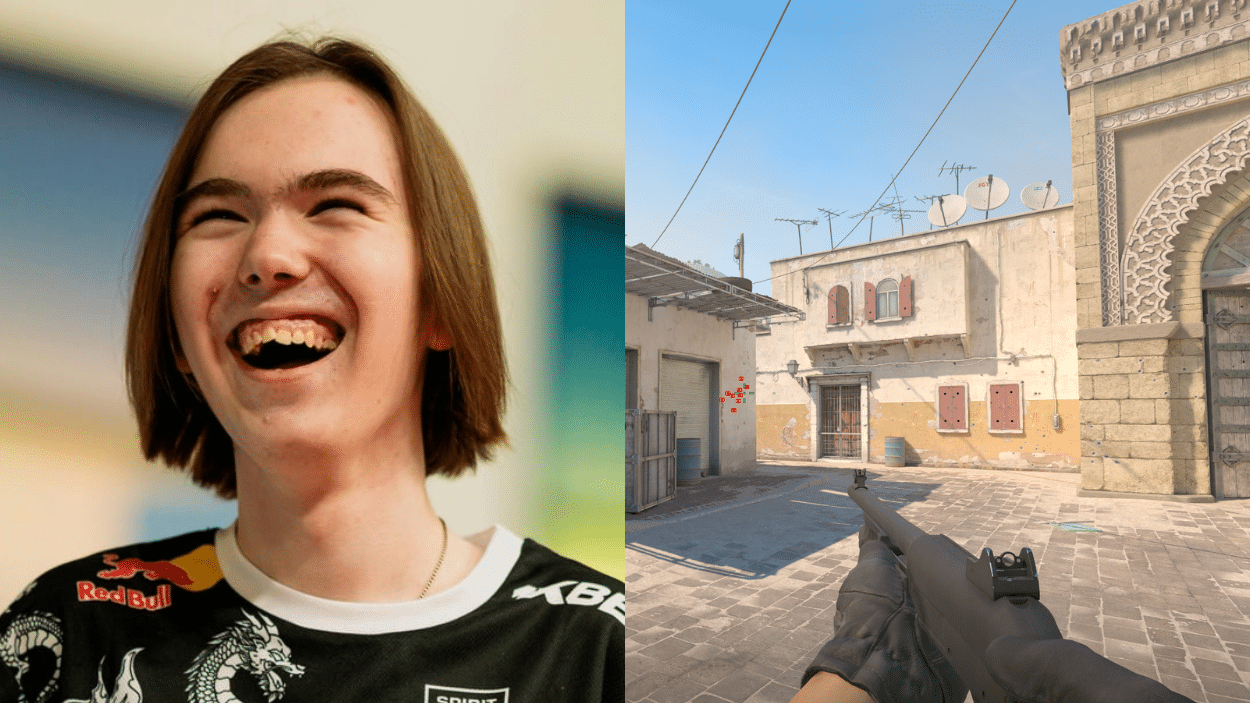 Split image featuring donk in a black jersey next to a first-person view of the Dust 2 map from the game Counter-Strike2