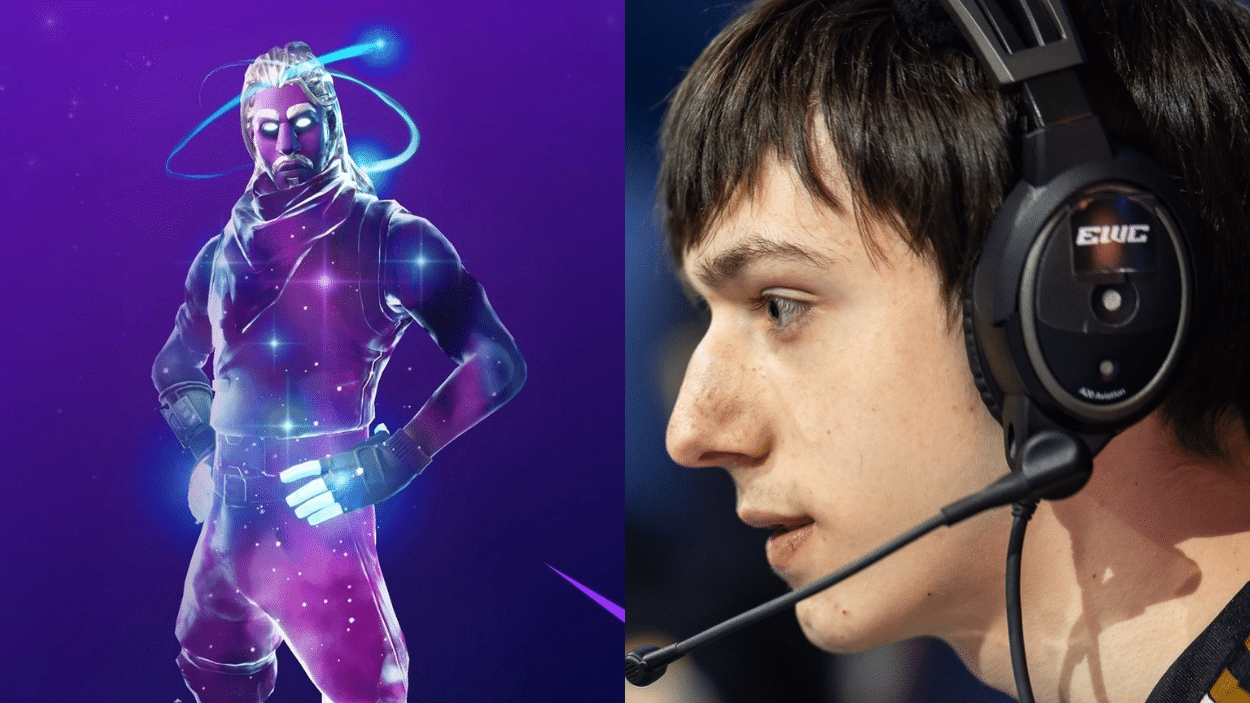 Split image featuring the Fortnite Galaxy skin on the left against a purple background and a close-up profile of Peterbot