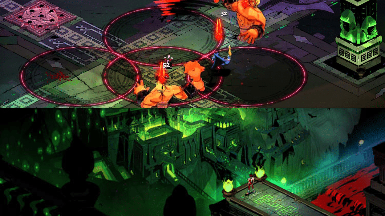 Split image from the video game Hades showing intense combat above and a panoramic view of a neon green underworld setting below
