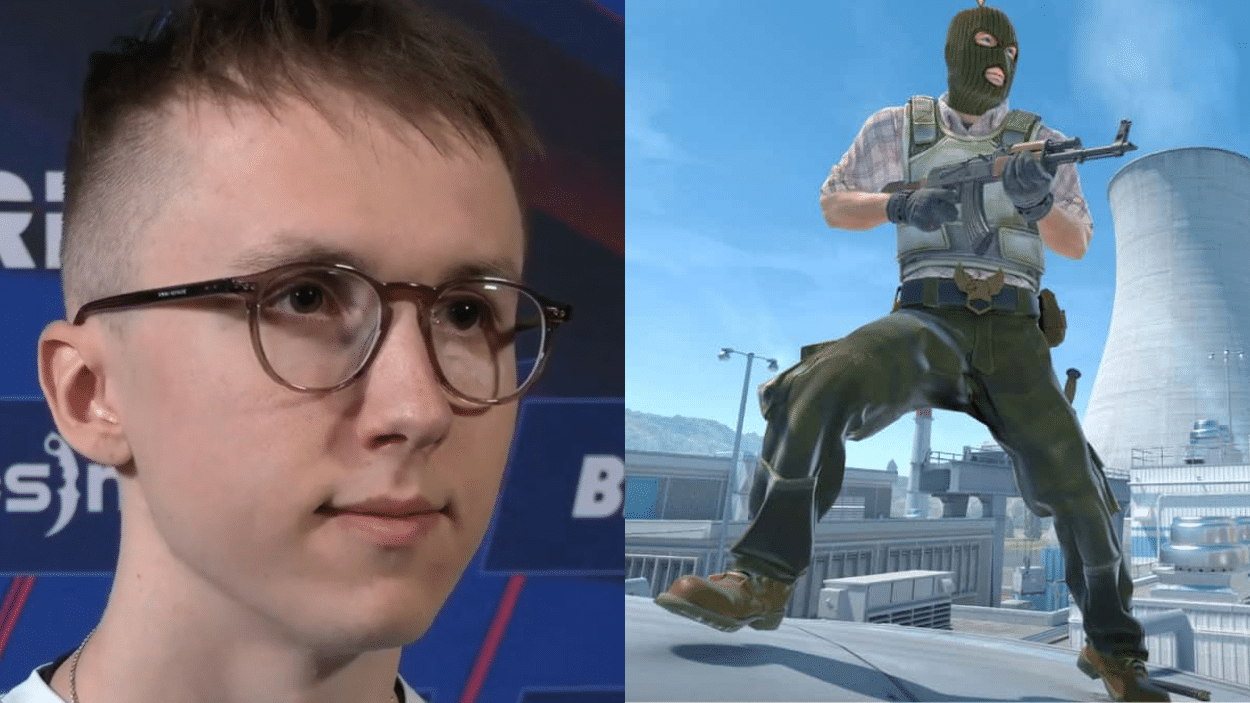 Split image showing a close-up of ropz wearing glasses next to a Counter-Strike character wearing a balaclava holding an AK-47