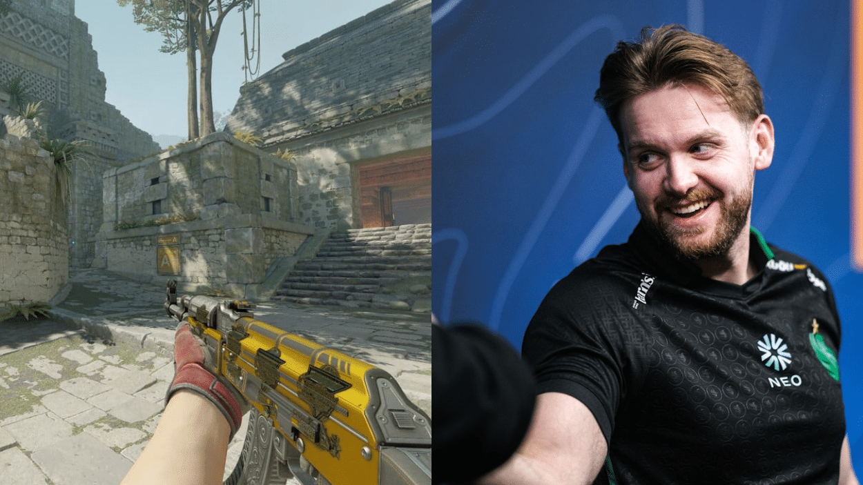 Split image showing a first-person view of a yellow AK-47 skin in a jungle-themed Counter-Strike map beside NiKo in black jersey
