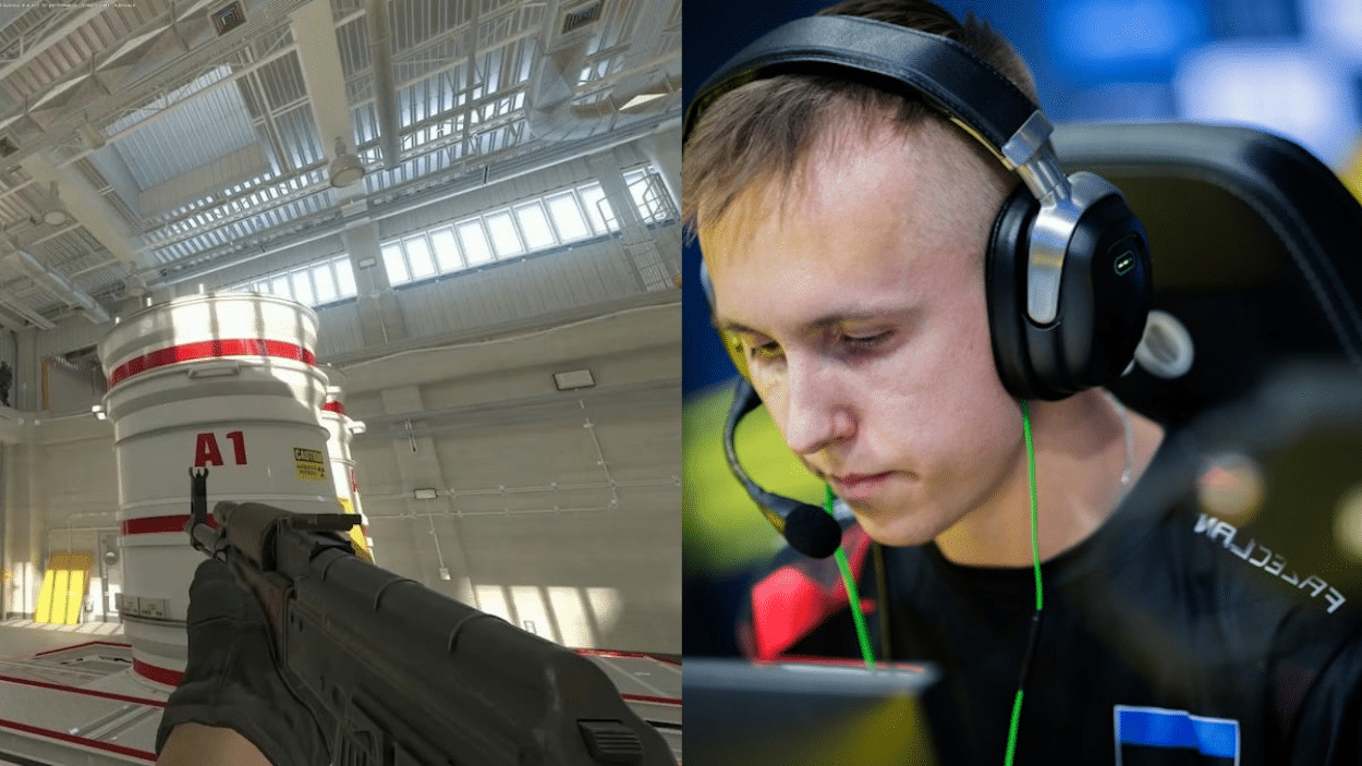 Split image showing a first-person view of an assault rifle inside an industrial area, next to a close-up of ropz wearing large headphones