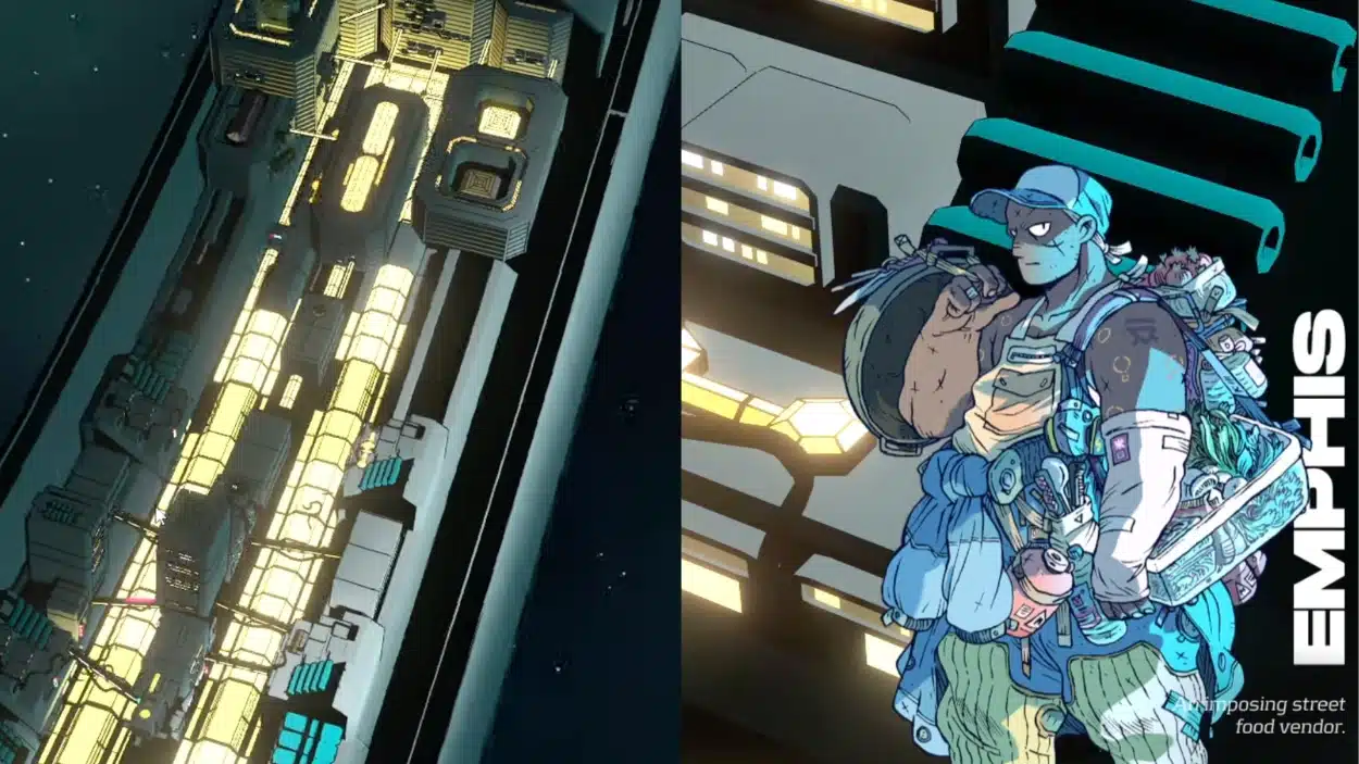 Split image showing a neon-lit futuristic space station exterior on the left and a stylized blue cyberpunk food vendor character