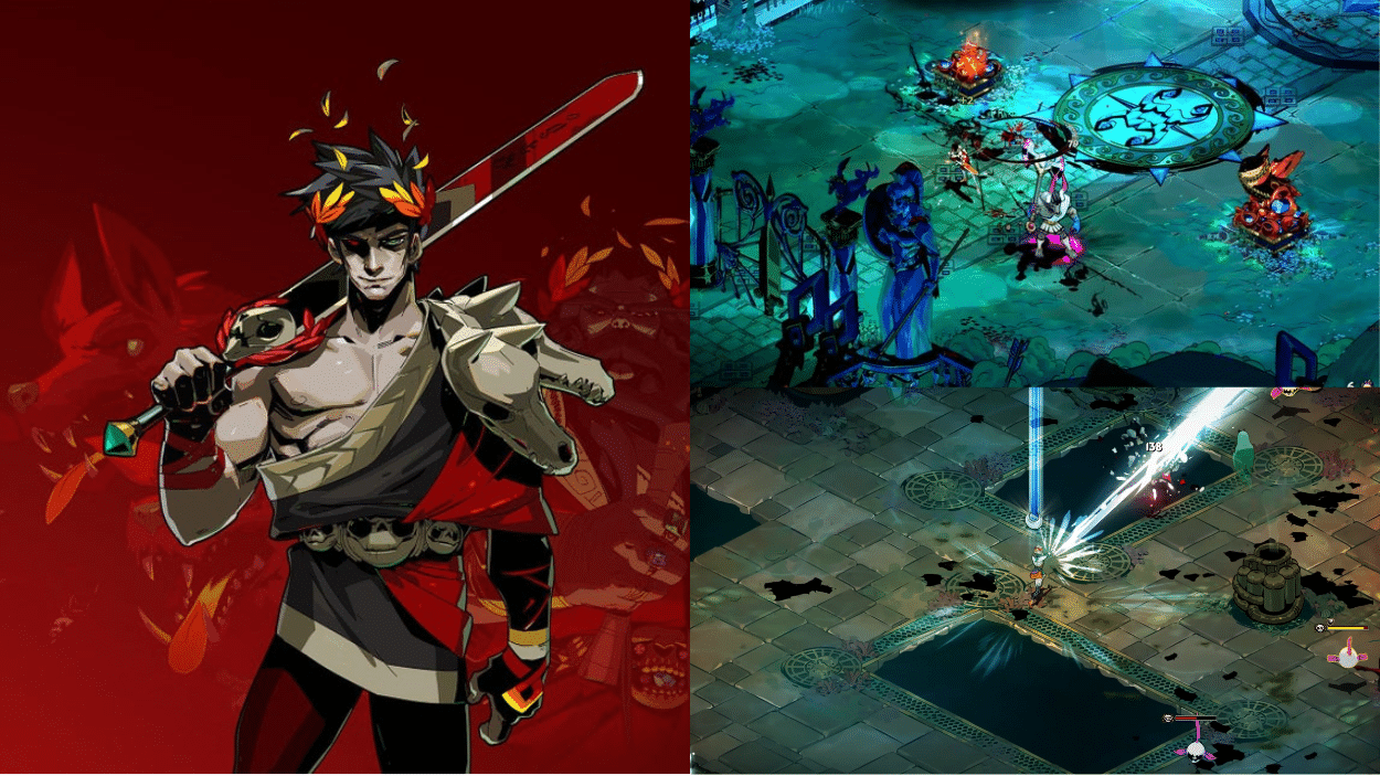 Split image showing the character Zagreus from the game Hades on the left against a red background and gameplay footage of the isometric action RPG on the right