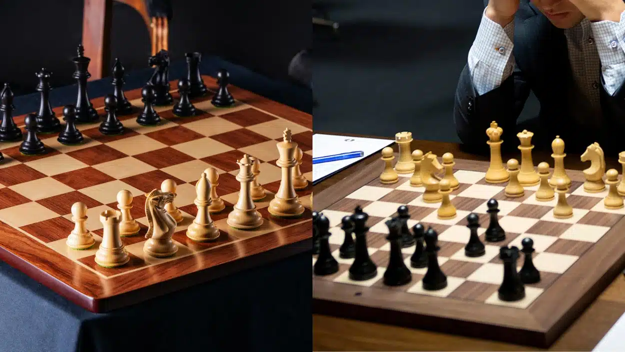 Split image showing two wooden chessboards, one with black pieces set up and one with white pieces opposite a thoughtful player in a suit