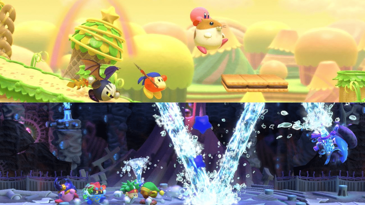 Split-screen image showing Kirby characters battling in a bright, candy-themed upper level and a dark, water-filled cavern lower level