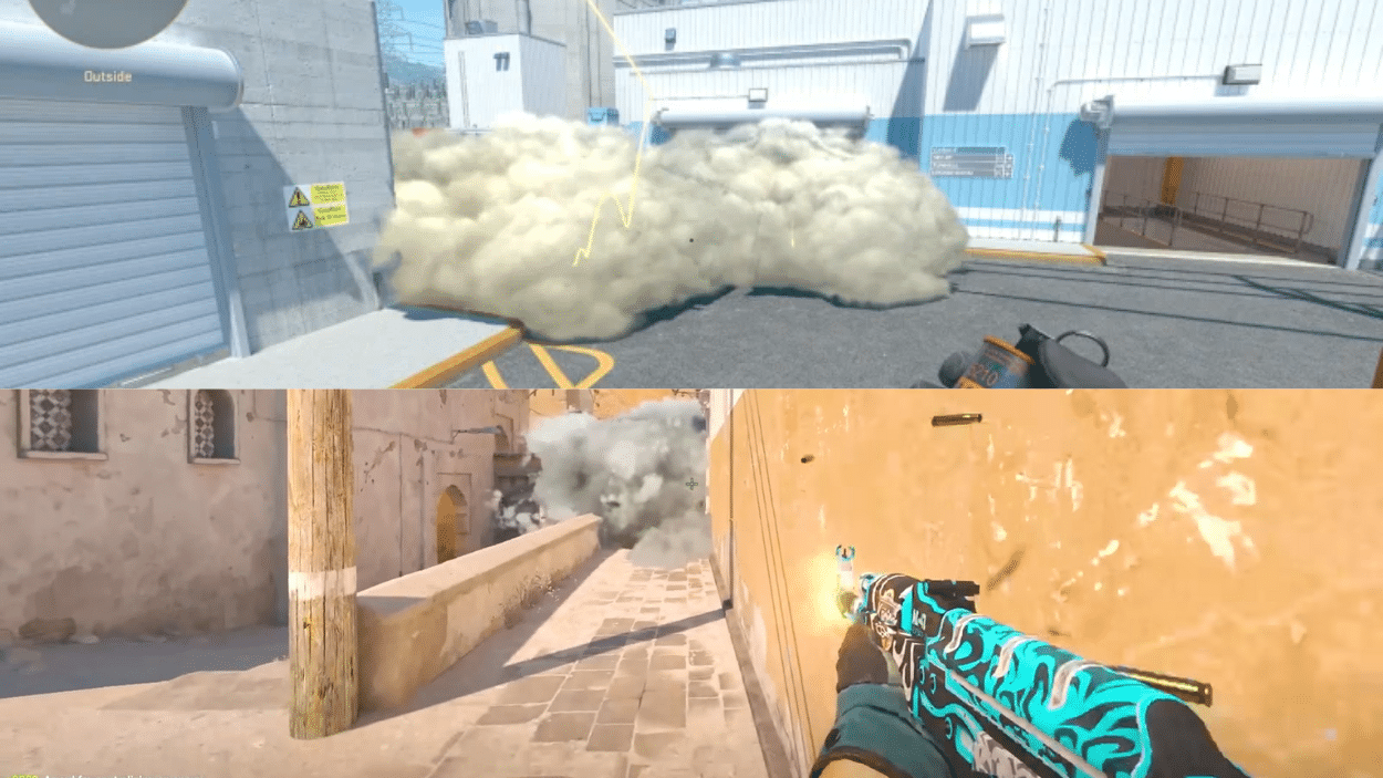 Split screen of CS2 scenes, the top shows a yellow smoke grenade deployed and the bottom shows a player holding a turquoise-skinned rifle