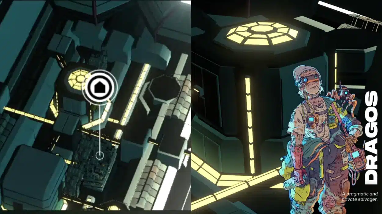 Split screen showing a dark, neon-lit sci-fi city map view on the left and a detailed cyberpunk character illustration named DRAGOS
